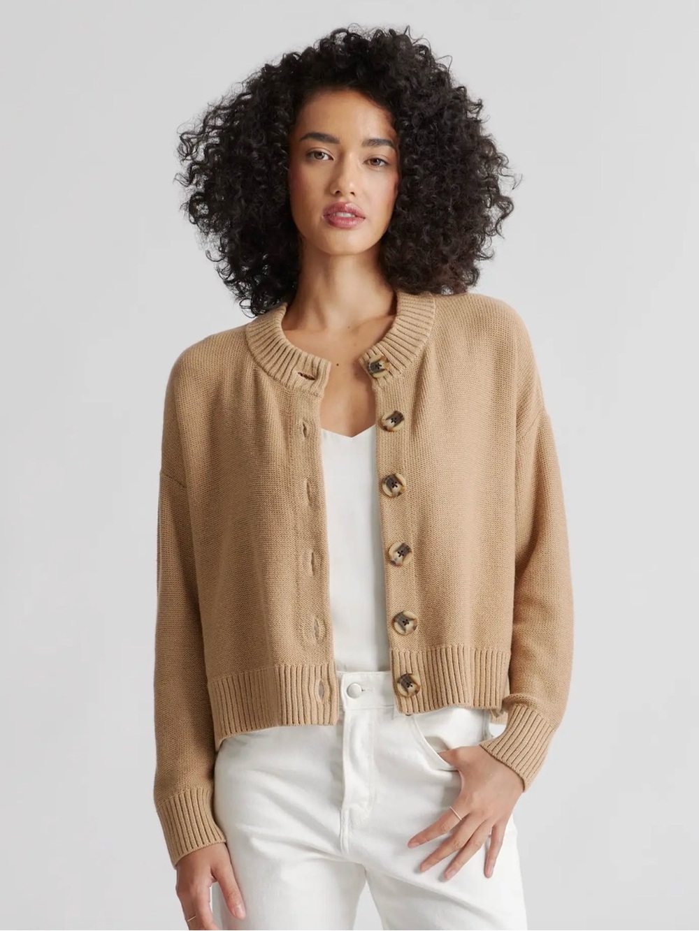 Quince 100% Organic Cotton Cropped Cardigan in Camel